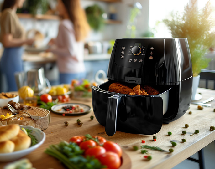 Airfryer på bordet med forskjellig mat plassert rundt omkring.Foto