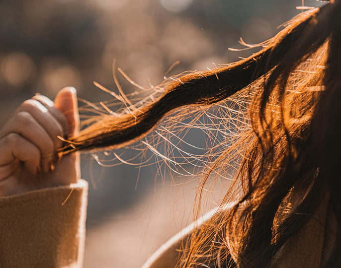 Person som holder i håret der hårstråene blir belyst av solen.Foto