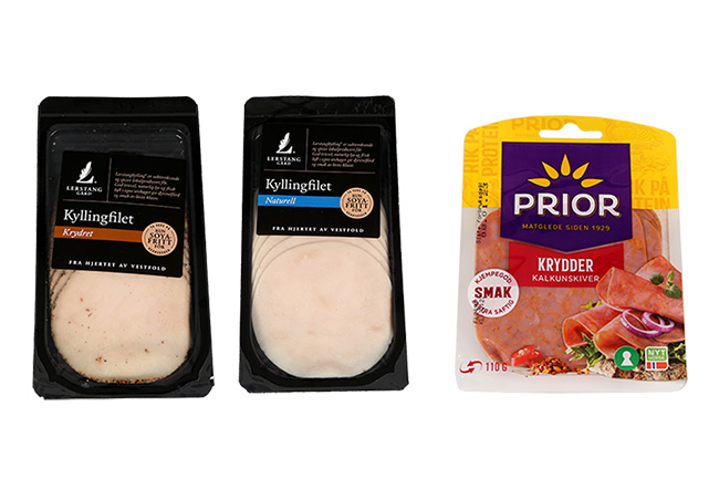 Produktfoto av testtaperne. Kyllingfilet med og uten krydder fra Lerstang Gård og Priors krydderkalkunskiver.foto