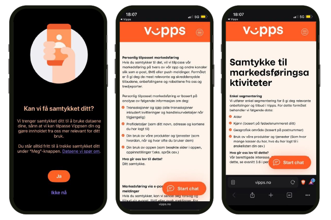 Mobiler med VIpps sin samtykkeforespørsel.foto