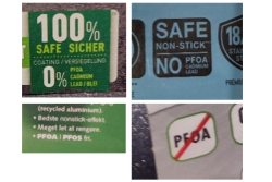 fotocollage av ulike eksempler på problematisk merking av stekepanner.foto