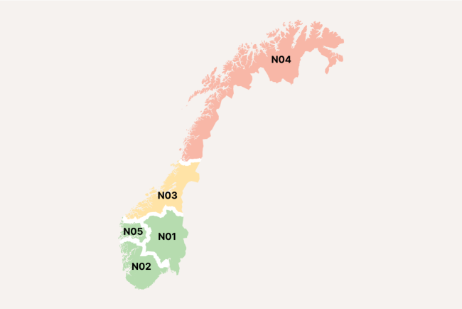 Norgeskart med prisområdene for strøm.illustrasjon